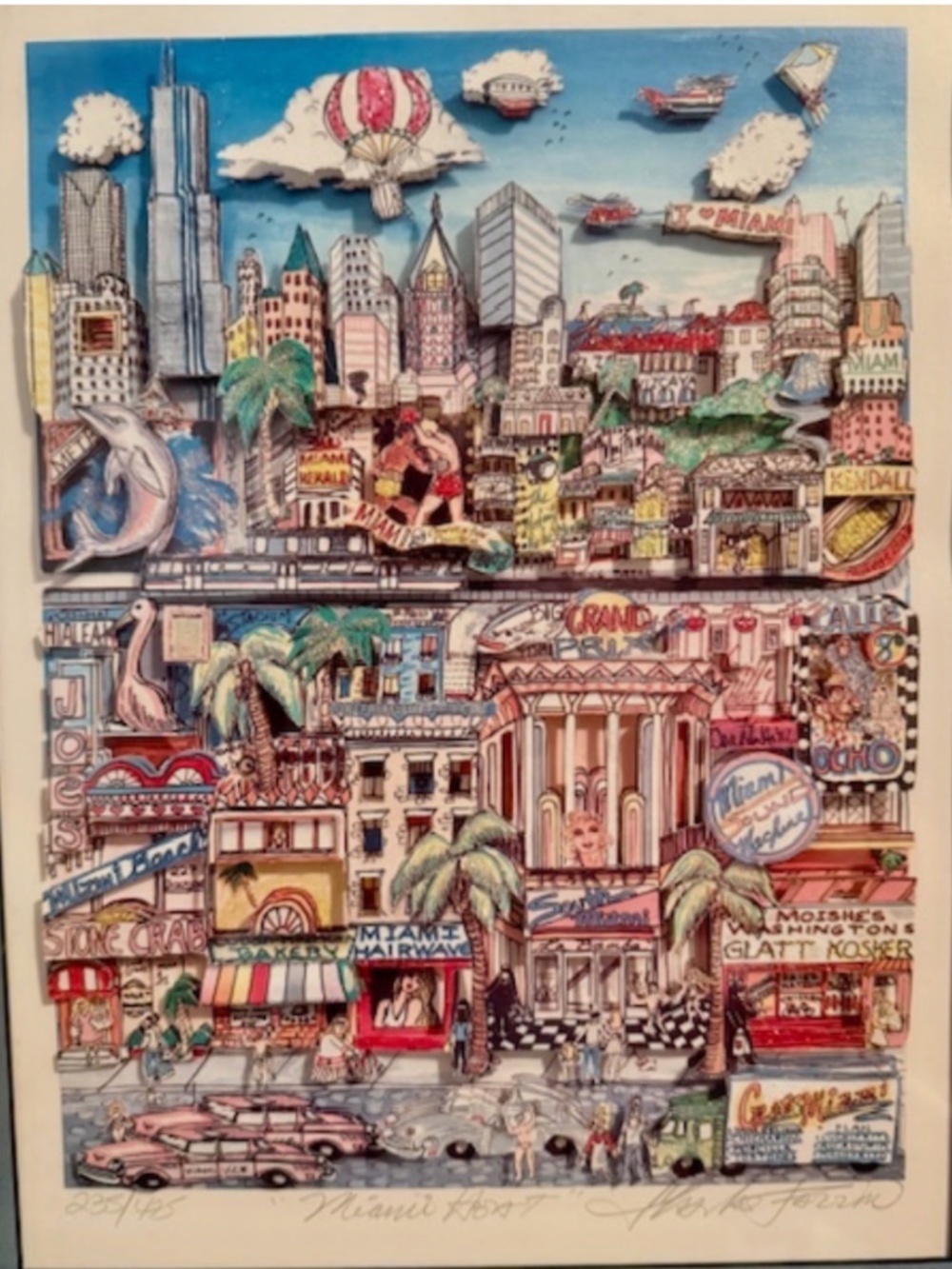 Charles Fazzino MIAMI Signed 3-D Pop Art Serigraph 375/745 Framed 1990s EXC